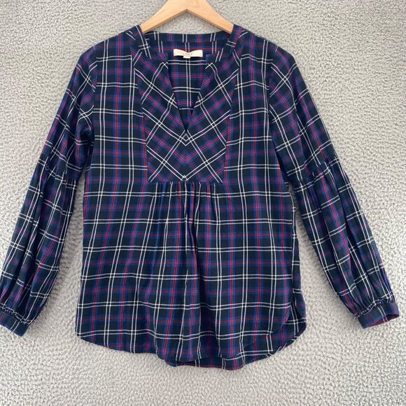 LOFT Top Womens Small Black Multi Plaid Long Balloon Sleeve V Neck Ruched Front - Picture 1 of 9